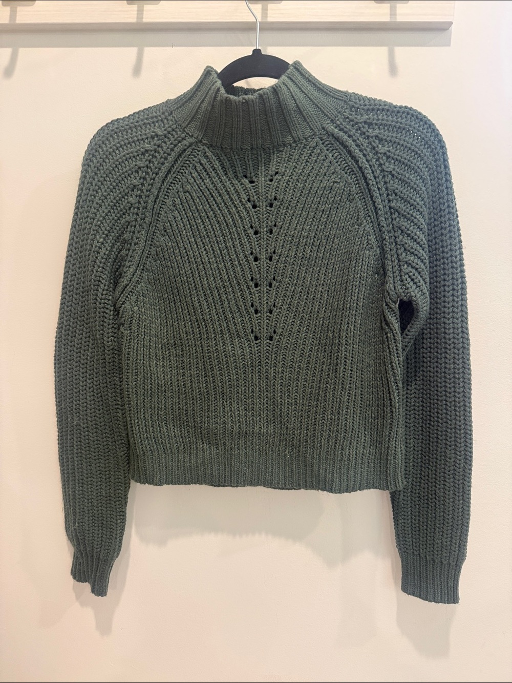 Small self contrast Womens Green Ribbed Mock Neck Sweater